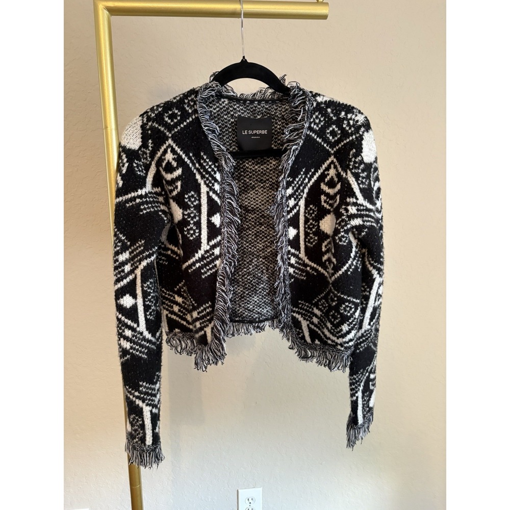 Le Superbe Women's Fringe Southwestern Logo Cardigan Boho Aztec Western Cowgirl